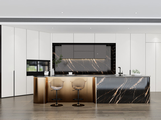 Lüks SS Modern Mutfak Dolabı Çok Fonksiyonlu Eğilmiş Metal Altın Adası