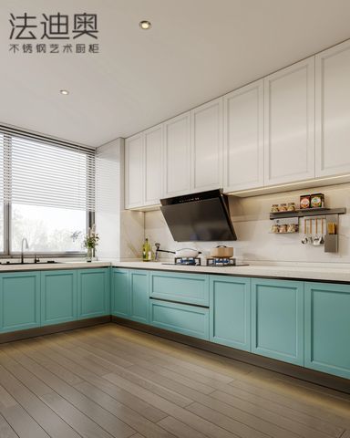 Fadior Stainless Steel Art Kitchen Cabinet - Turquoise & White Tone, L-Shaped Layout, Premium Hardware & Custom Storage - Revitalize your kitchen with the collectionâs stainless steel art with room context